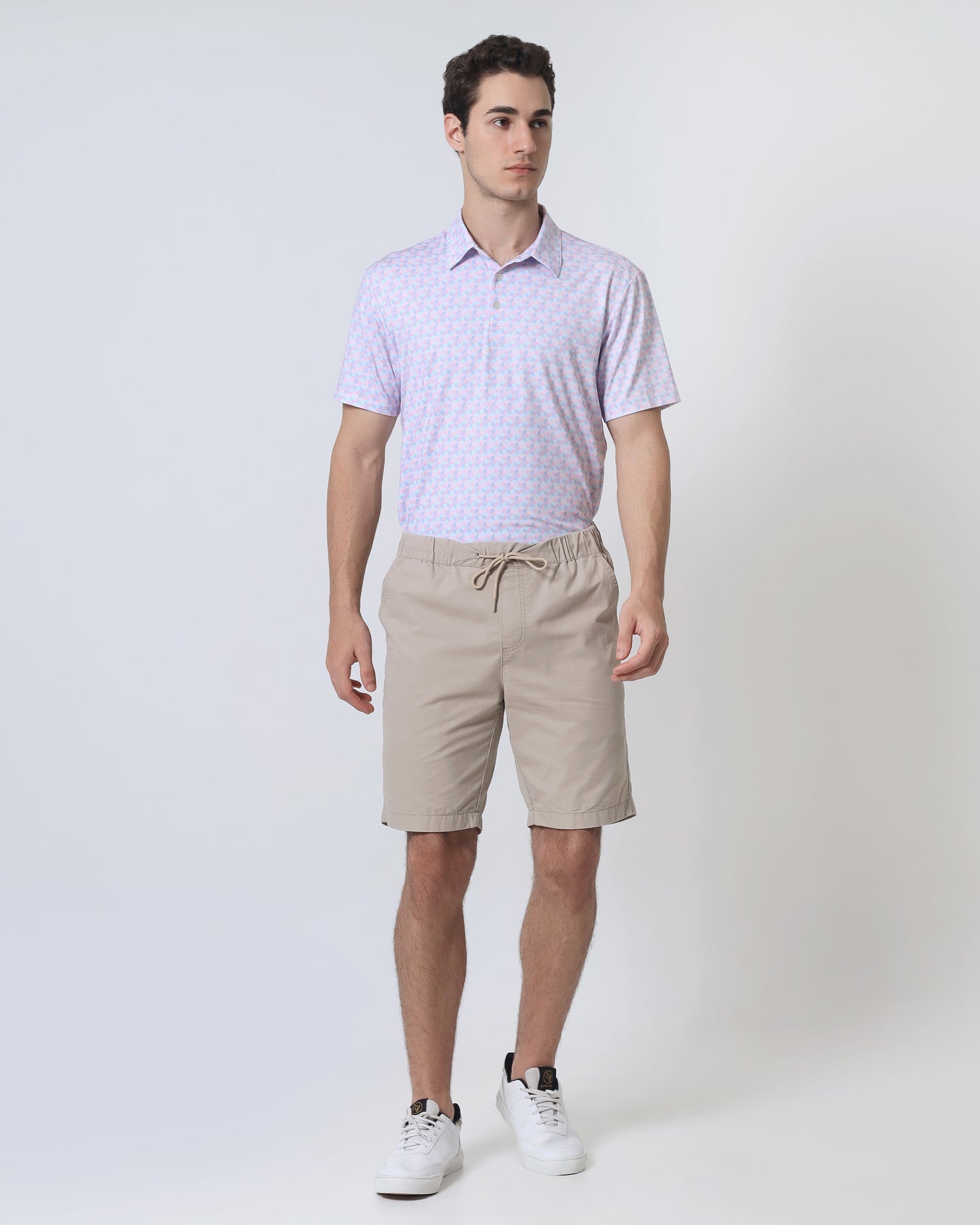 Quieti Performance Regular Fit, Pink Geo Printed Knit, 3 button Short Sleeve Polo